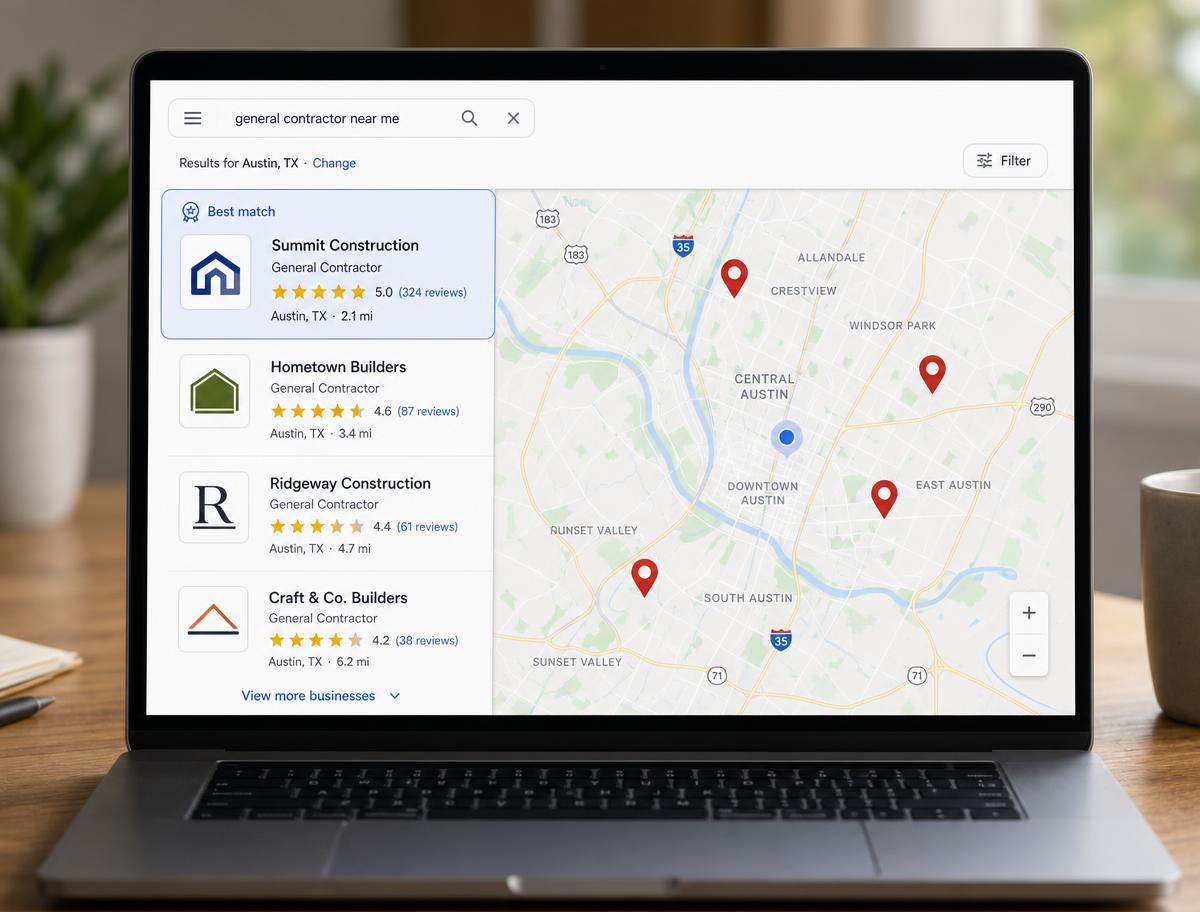 Map search results showing local businesses and their review counts
