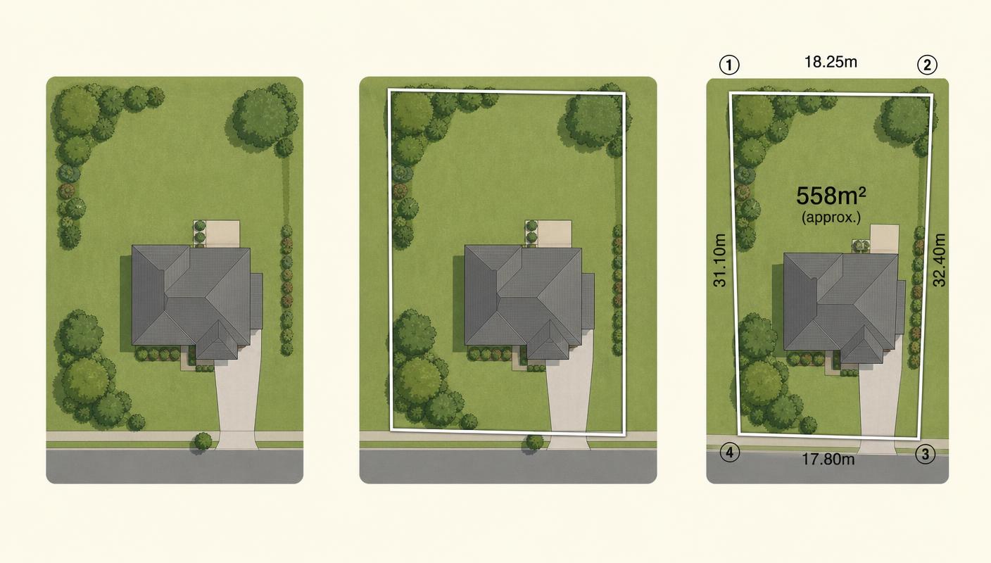 Three frames: aerial property view, boundary line drawn, numbers appearing
