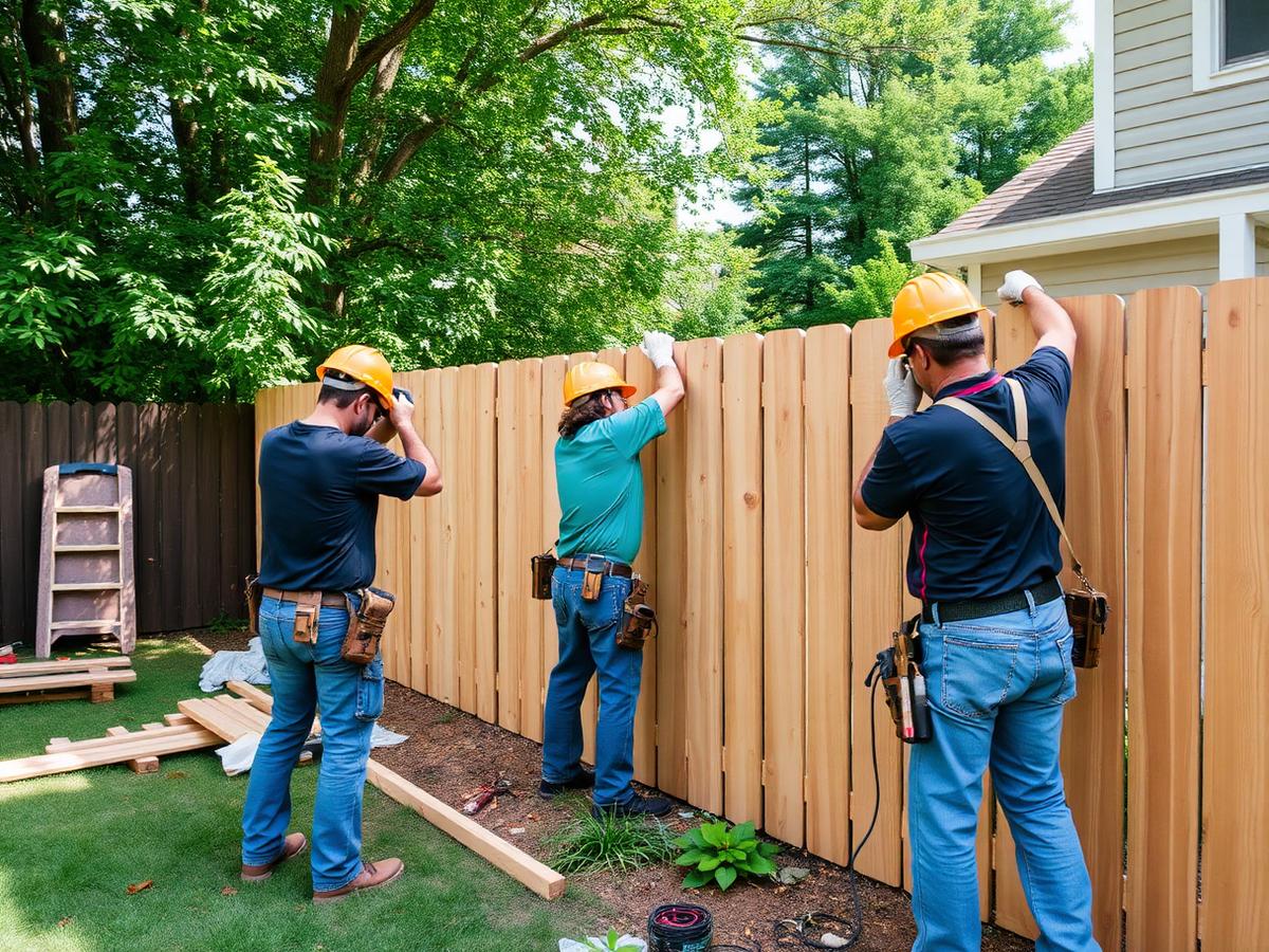 A work crew building a fence in a backyard