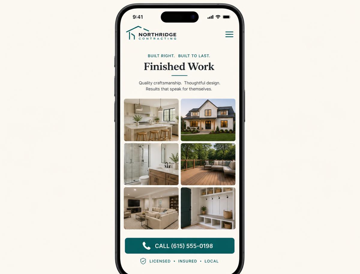 A contractor website on a phone showing a gallery and a call button
