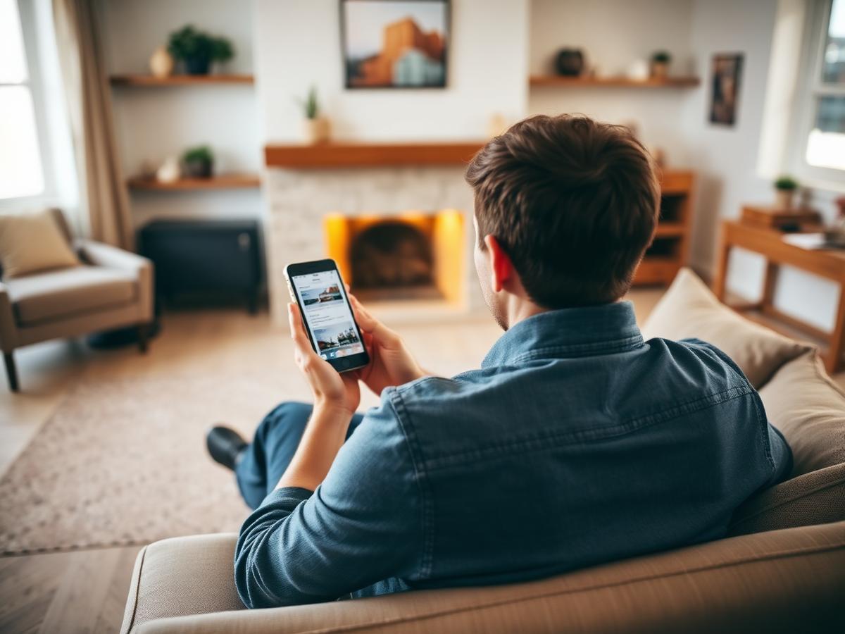 A person on a sofa searching for a local business on a phone